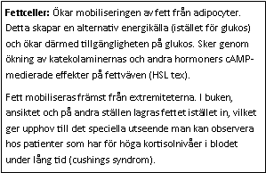 Text Box: Fettceller: Ökar mobiliseringen av fett från adipocyter. Detta skapar en alternativ energikälla (istället för glukos) och ökar därmed tillgängligheten på glukos. Sker genom ökning av katekolaminernas och andra hormoners cAMP-medierade effekter på fettväven (HSL tex).Fett mobiliseras främst från extremiteterna. I buken, ansiktet och på andra ställen lagras fettet istället in, vilket ger upphov till det speciella utseende man kan observera hos patienter som har för höga kortisolnivåer i blodet under lång tid (cushings syndrom). 