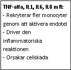 Text Box: TNF-alfa, IL1, IL6, IL8 mfl:
- Rekryterar fler monocyter genom att aktivera endotel
- Driver den inflammatoriska reaktionen
- Orsakar cellskada