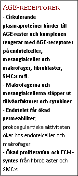 Text Box: AGE-receptorer- Cirkulerande plasmaproteiner binder till AGE-rester och komplexen reagerar med AGE-receptorer på endotelceller, mesangialceller och makrofager, fibroblaster, SMC:s mfl. 
- Makrofagerna och mesangialcellerna släpper ut tillväxtfaktorer och cytokiner
- Endotelet får ökad permeabilitet; prokoagulantiska aktiviteten ökar hos endotelceller och makrofager 
- Ökad proliferation och ECM-syntes från fibroblaster och SMC:s.