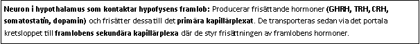 Text Box: Neuron i hypothalamus som kontaktar hypofysens framlob: Producerar frisättande hormoner (GHRH, TRH, CRH, somatostatin, dopamin) och frisätter dessa till det primära kapillärplexat. De transporteras sedan via det portala kretsloppet till framlobens sekundära kapillärplexa där de styr frisättningen av framlobens hormoner.