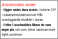 Text Box: Arachnoidea mater- Ligger under dura mater. Isolerar CSF i subarachnoidalrummet från ovanliggande blodkärl i duran.
- Celler i arachnoidea liknar de som utgör pia och som sitter samman med tight junctions. 