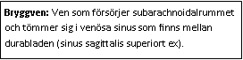 Text Box: Bryggven: Ven som försörjer subarachnoidalrummet och tömmer sig i venösa sinus som finns mellan durabladen (sinus sagittalis superiort ex). 