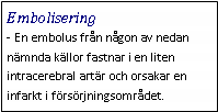 Text Box: Embolisering- En embolus från någon av nedan nämnda källor fastnar i en liten intracerebral artär och orsakar en infarkt i försörjningsområdet.