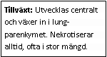 Text Box: Tillväxt: Utvecklas centralt och växer in i lung-parenkymet. Nekrotiserar alltid, ofta i stor mängd.