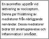 Text Box: En axonreflex uppstår vid aktivering av nociceptorn. Denna ger frisättning av mediatorer från närliggande nervändar. Dessa mediatorer bidrar till smärtupplevelse och inflammation i området.